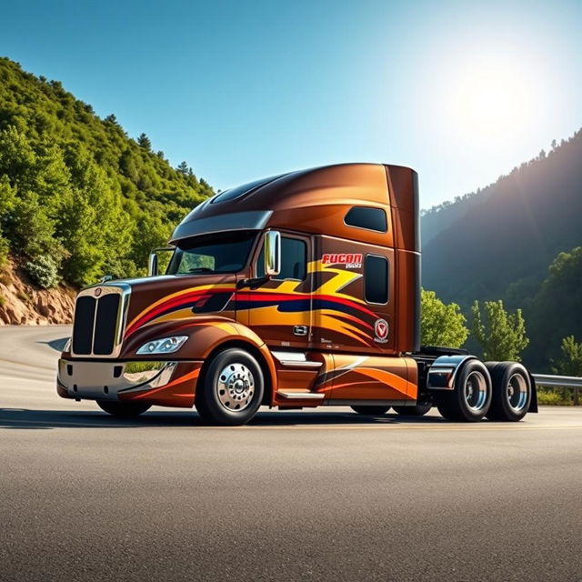 A striking semi-truck designed with a sports car aesthetic, showcasing a sleek, aerodynamic body with vibrant racing stripes