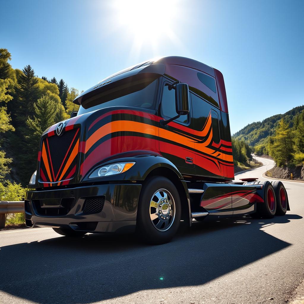 A striking semi-truck designed with a sports car aesthetic, showcasing a sleek, aerodynamic body with vibrant racing stripes