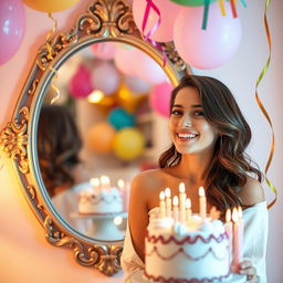 A vibrant birthday celebration scene featuring a beautiful 25-year-old woman named Rita in a stylish outfit, smiling joyfully in front of a decorative mirror