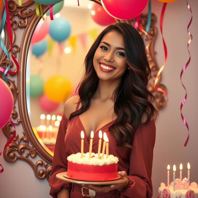 A vibrant birthday celebration scene featuring a beautiful 25-year-old woman named Rita in a stylish outfit, smiling joyfully in front of a decorative mirror