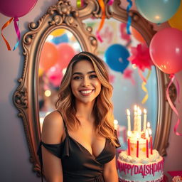 A vibrant birthday celebration scene featuring a beautiful 25-year-old woman named Rita in a stylish outfit, smiling joyfully in front of a decorative mirror