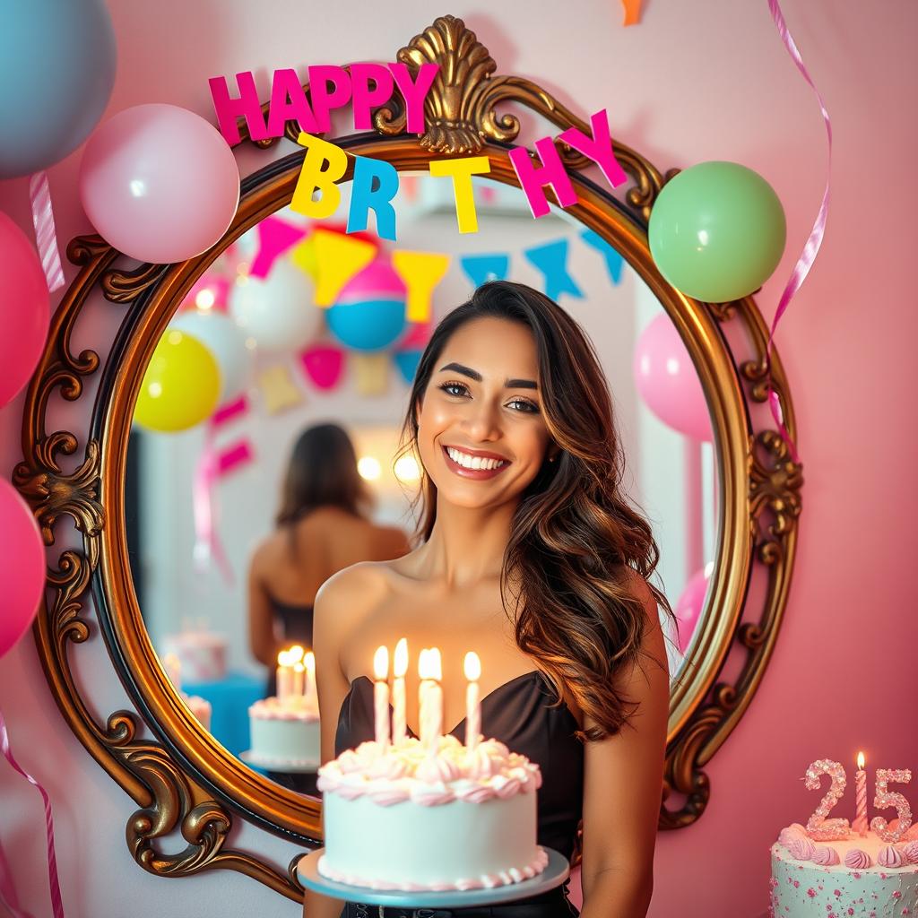 A vibrant birthday celebration scene featuring a beautiful 25-year-old woman named Rita in a stylish outfit, smiling joyfully in front of a decorative mirror