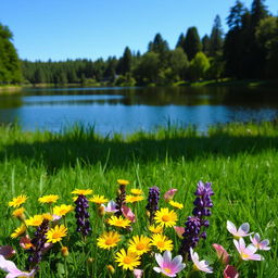 A serene landscape featuring a tranquil lake surrounded by lush greenery and tall trees, reflecting the clear blue sky above