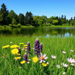 A serene landscape featuring a tranquil lake surrounded by lush greenery and tall trees, reflecting the clear blue sky above