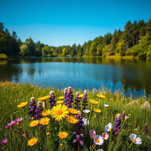 A serene landscape featuring a tranquil lake surrounded by lush greenery and tall trees, reflecting the clear blue sky above