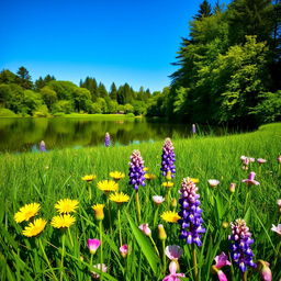 A serene landscape featuring a tranquil lake surrounded by lush greenery and tall trees, reflecting the clear blue sky above