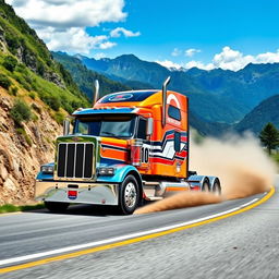 A dynamic scene of a semi-truck racing down a winding mountain road, dust and dirt flying as it speeds around a sharp corner
