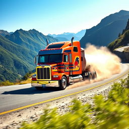 A dynamic scene of a semi-truck racing down a winding mountain road, dust and dirt flying as it speeds around a sharp corner