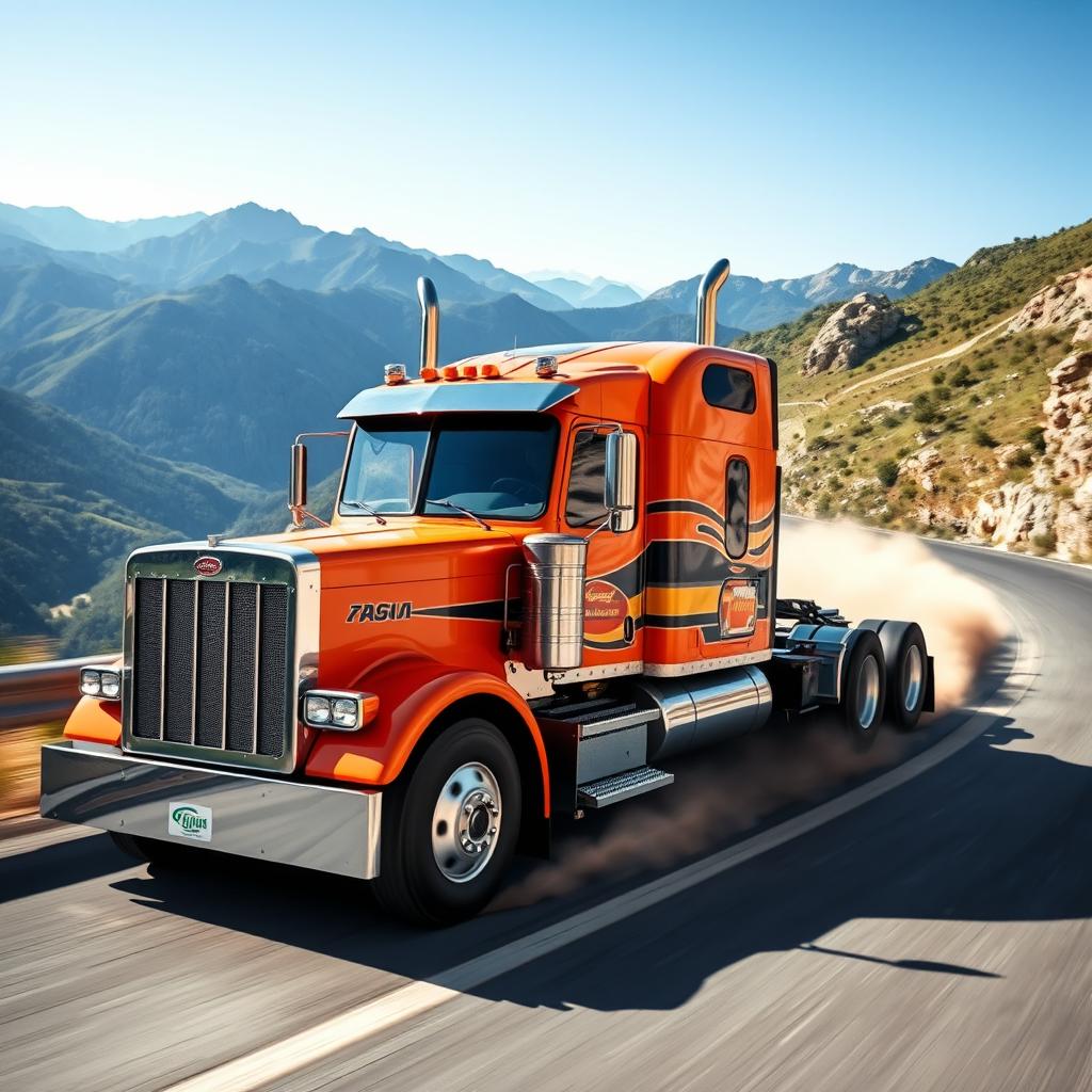 A dynamic scene of a semi-truck racing down a winding mountain road, dust and dirt flying as it speeds around a sharp corner