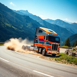 A dynamic scene of a semi-truck racing down a winding mountain road, dust and dirt flying as it speeds around a sharp corner