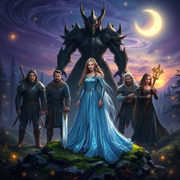 Eira stands confidently on a moss-covered rock at the center, her shimmering gown of soft blues and silvers glowing under the moonlight