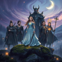 Eira stands confidently on a moss-covered rock at the center, her shimmering gown of soft blues and silvers glowing under the moonlight