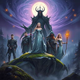 Eira stands confidently on a moss-covered rock at the center, her shimmering gown of soft blues and silvers glowing under the moonlight