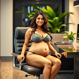 An engaging image of Shruti Haasan sitting comfortably on a contemporary office chair, adorned in a fashionable bikini that highlights her big belly and ample breasts