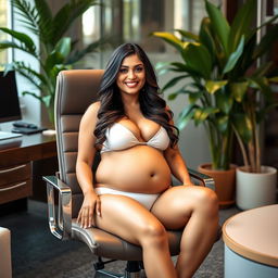 An engaging image of Shruti Haasan sitting comfortably on a contemporary office chair, adorned in a fashionable bikini that highlights her big belly and ample breasts