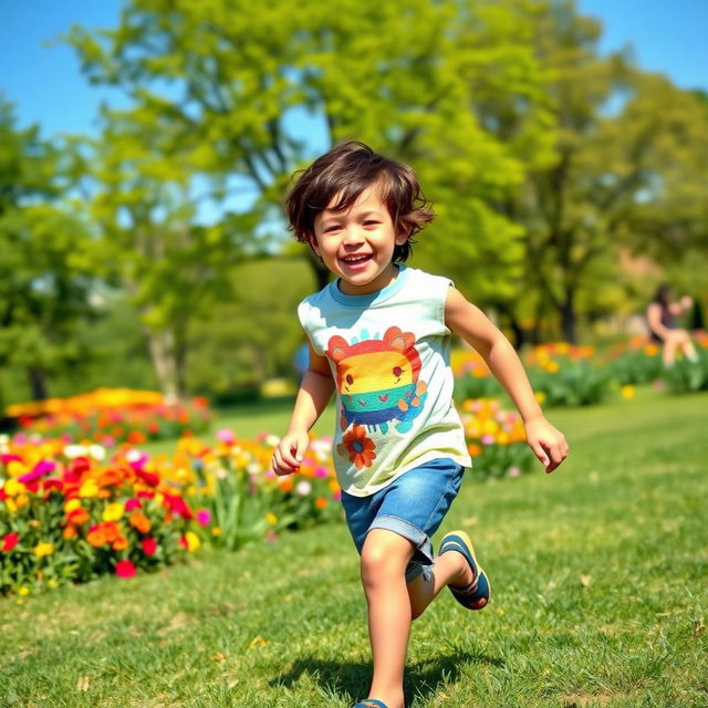 A young boy with a joyful expression, wearing a colorful t-shirt and denim shorts, playing in a sunny park filled with vibrant flowers and green trees