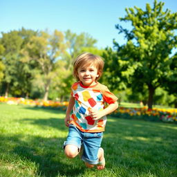A young boy with a joyful expression, wearing a colorful t-shirt and denim shorts, playing in a sunny park filled with vibrant flowers and green trees