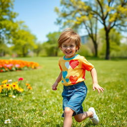 A young boy with a joyful expression, wearing a colorful t-shirt and denim shorts, playing in a sunny park filled with vibrant flowers and green trees