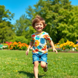 A young boy with a joyful expression, wearing a colorful t-shirt and denim shorts, playing in a sunny park filled with vibrant flowers and green trees