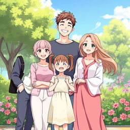 An anime-style illustration of a happy family portrait featuring a feminine femboy son with pastel hair and stylish clothing, a little girl daughter with pigtails and a colorful dress, a handsome father with a warm smile and casual attire, and a beautiful mother with flowing hair and an elegant outfit