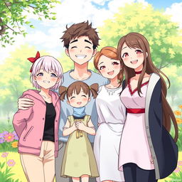 An anime-style illustration of a happy family portrait featuring a feminine femboy son with pastel hair and stylish clothing, a little girl daughter with pigtails and a colorful dress, a handsome father with a warm smile and casual attire, and a beautiful mother with flowing hair and an elegant outfit
