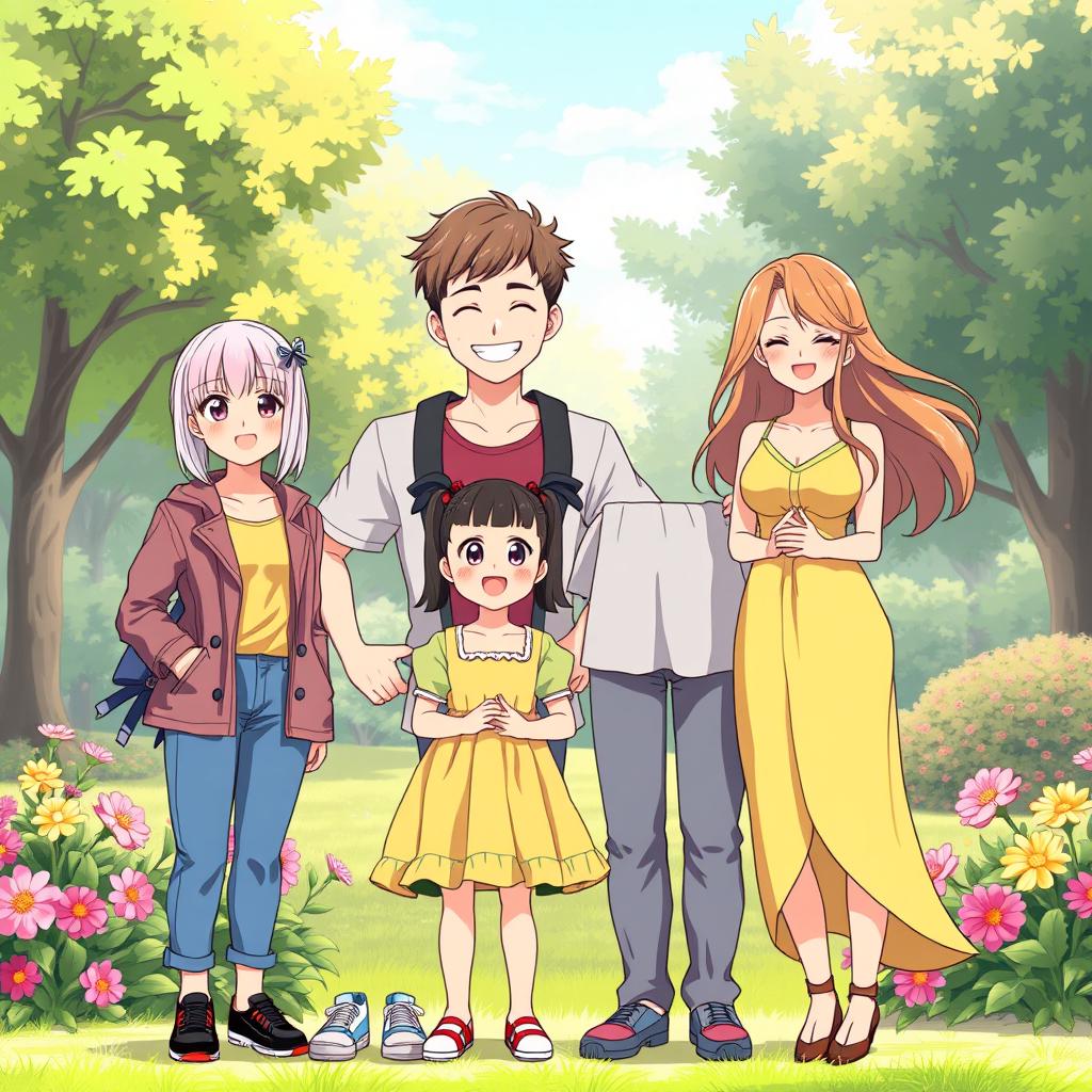 An anime-style illustration of a happy family portrait featuring a feminine femboy son with pastel hair and stylish clothing, a little girl daughter with pigtails and a colorful dress, a handsome father with a warm smile and casual attire, and a beautiful mother with flowing hair and an elegant outfit