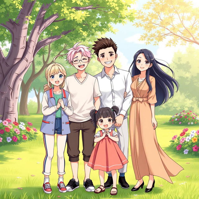 An anime-style illustration of a happy family portrait featuring a feminine femboy son with pastel hair and stylish clothing, a little girl daughter with pigtails and a colorful dress, a handsome father with a warm smile and casual attire, and a beautiful mother with flowing hair and an elegant outfit