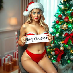 A beautiful hourglass-shaped young woman with a curvy figure and blonde hair, soft facial features, and crystal blue eyes
