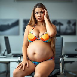 A woman with long hair, wearing a colorful bikini, sitting on an office chair