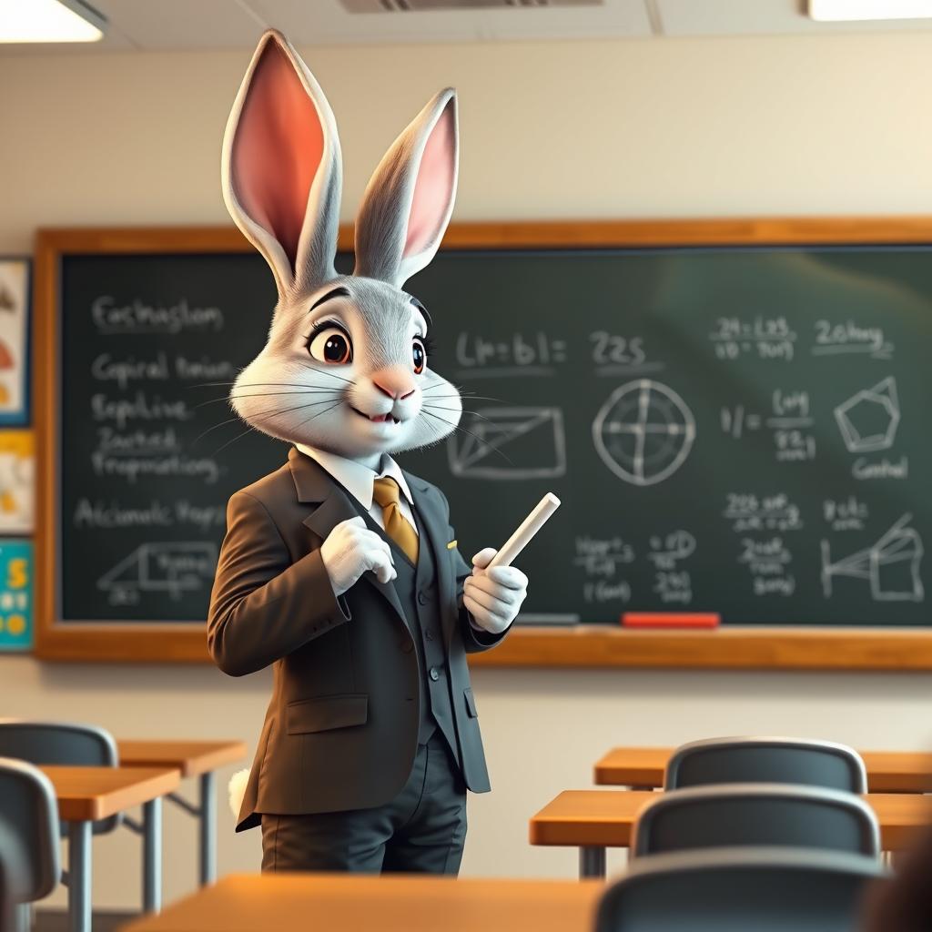 A rabbit in a tailored suit standing in front of a blackboard, actively teaching a class