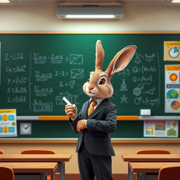 A rabbit in a tailored suit standing in front of a blackboard, actively teaching a class