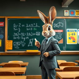 A rabbit in a tailored suit standing in front of a blackboard, actively teaching a class