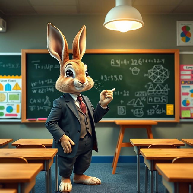 A rabbit in a tailored suit standing in front of a blackboard, actively teaching a class