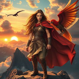 A powerful and legendary woman standing on a mountain peak at sunrise, dressed in a flowing cape that billows in the wind, with a determined expression on her face