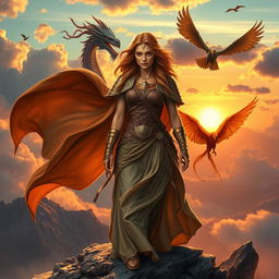 A powerful and legendary woman standing on a mountain peak at sunrise, dressed in a flowing cape that billows in the wind, with a determined expression on her face