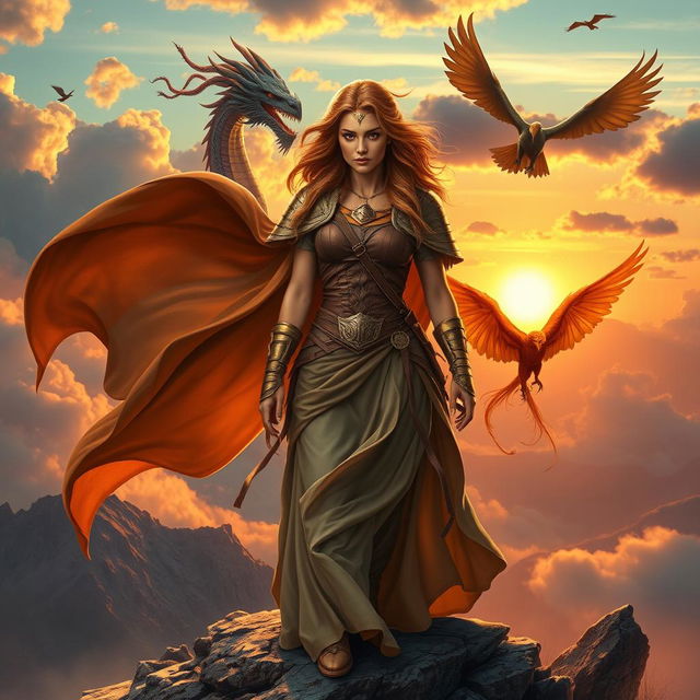 A powerful and legendary woman standing on a mountain peak at sunrise, dressed in a flowing cape that billows in the wind, with a determined expression on her face