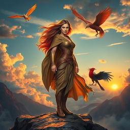 A powerful and legendary woman standing on a mountain peak at sunrise, dressed in a flowing cape that billows in the wind, with a determined expression on her face