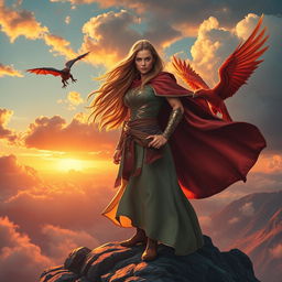 A powerful and legendary woman standing on a mountain peak at sunrise, dressed in a flowing cape that billows in the wind, with a determined expression on her face