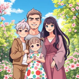 An intricately detailed anime-style illustration of a perfect family portrait featuring a feminine femboy son with pastel-colored hair styled in a trendy cut, wearing fashionable clothing that showcases his style