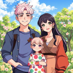 An intricately detailed anime-style illustration of a perfect family portrait featuring a feminine femboy son with pastel-colored hair styled in a trendy cut, wearing fashionable clothing that showcases his style