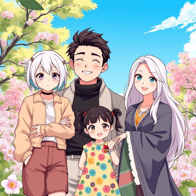 An intricately detailed anime-style illustration of a perfect family portrait featuring a feminine femboy son with pastel-colored hair styled in a trendy cut, wearing fashionable clothing that showcases his style