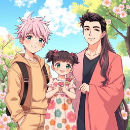 An intricately detailed anime-style illustration of a perfect family portrait featuring a feminine femboy son with pastel-colored hair styled in a trendy cut, wearing fashionable clothing that showcases his style