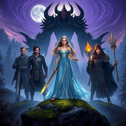 Eira stands confidently on a moss-covered rock at the center, dressed in a shimmering gown of soft blues and silvers that glows beautifully under the moonlight