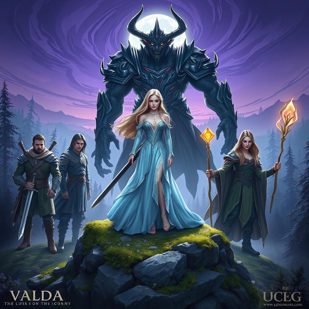 Eira stands confidently on a moss-covered rock at the center, dressed in a shimmering gown of soft blues and silvers that glows beautifully under the moonlight