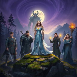 Eira stands confidently on a moss-covered rock at the center, dressed in a shimmering gown of soft blues and silvers that glows beautifully under the moonlight