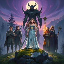 Eira stands confidently on a moss-covered rock at the center, dressed in a shimmering gown of soft blues and silvers that glows beautifully under the moonlight