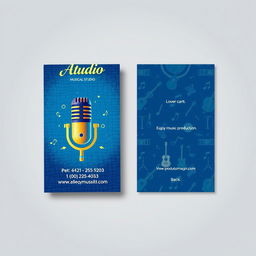 A stylish and modern visiting card design for a musical studio, showcasing a vibrant color palette featuring shades of blue and gold
