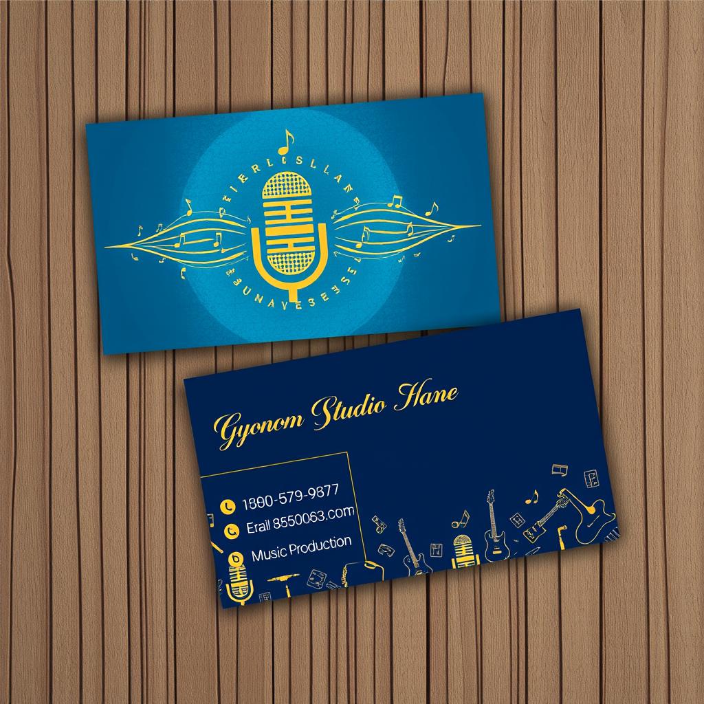 A stylish and modern visiting card design for a musical studio, showcasing a vibrant color palette featuring shades of blue and gold