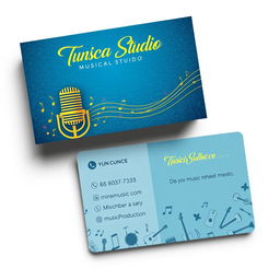 A stylish and modern visiting card design for a musical studio, showcasing a vibrant color palette featuring shades of blue and gold