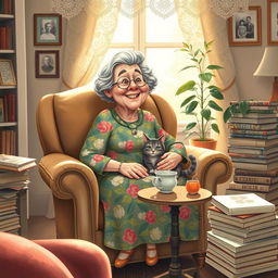 A whimsical and endearing scene of a cheerful aunt in a cozy living room